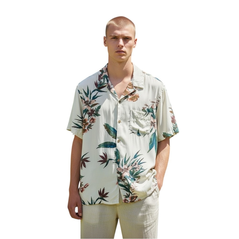 Aeropostale Cream Hawaiian Print Button Front Shirt size Medium